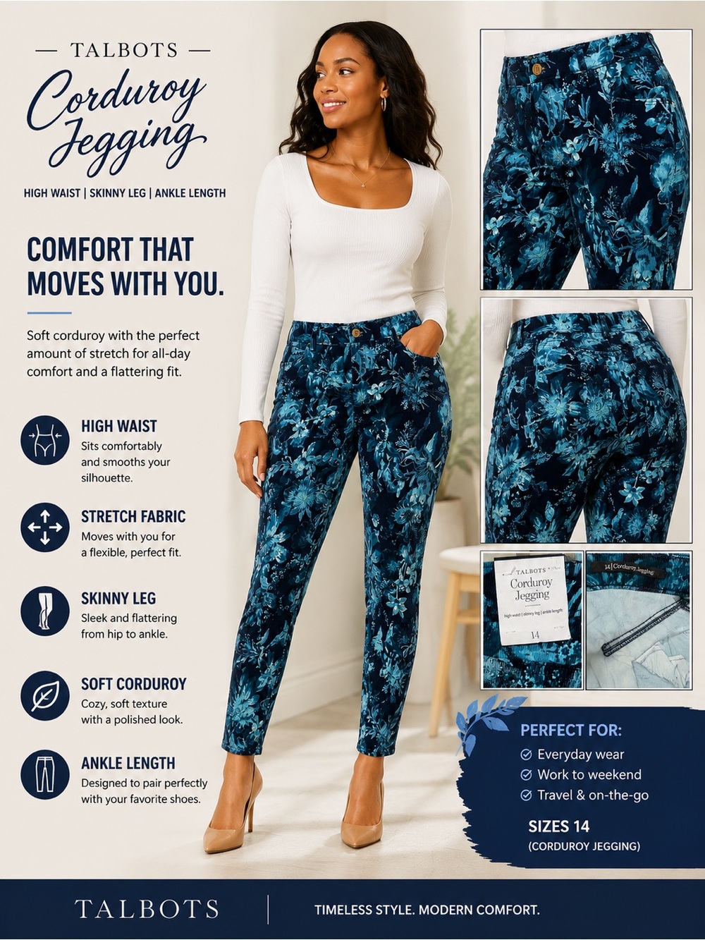 Talbots Women's Blue Floral Corduroy Jeggings - High Waist Skinny size 14